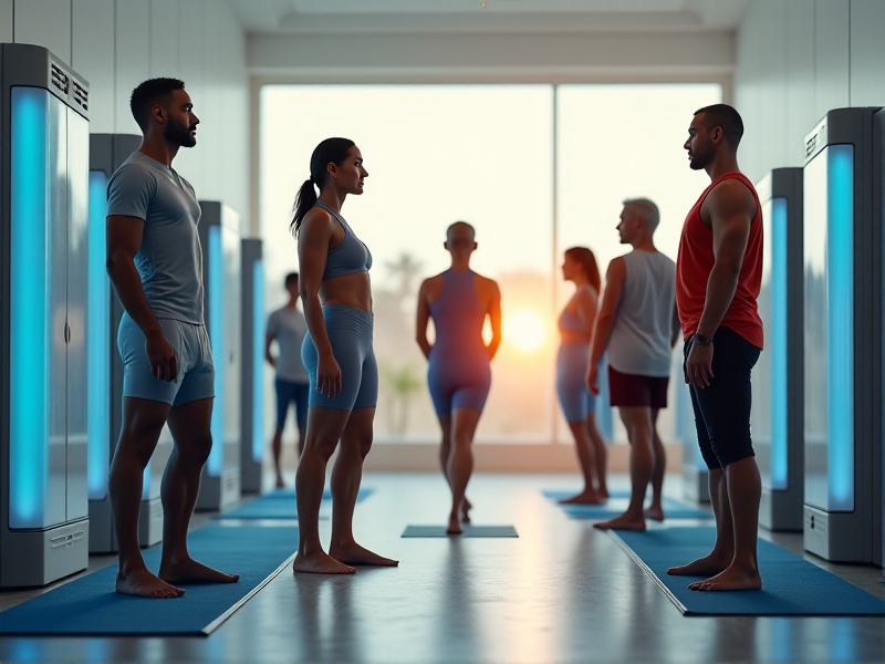 A diverse group of people, including athletes, fitness enthusiasts, and older adults, engaging in various wellness activities. The image highlights the broad appeal of cryotherapy, showcasing individuals of different ages and backgrounds who could benefit from recovery and anti-aging treatments.