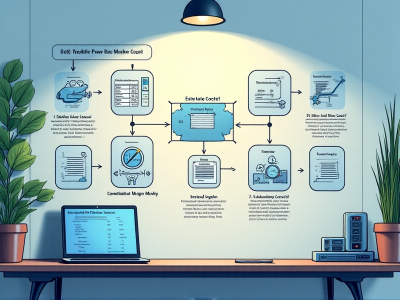 A step-by-step flowchart demonstrating how to calculate the break-even point for a cryotherapy franchise. The flowchart includes icons representing costs, revenue, and sessions, set against a background of a clean, modern office space with a laptop and calculator on a desk, symbolizing financial planning.
