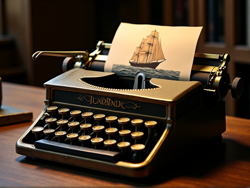 A vintage typewriter under bright lighting, with a magnifying glass held over a faded decal. The image captures the intricate details of the decal and the careful examination process.
