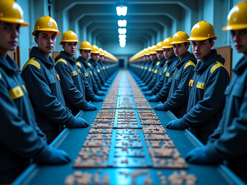 A factory floor with machines meticulously engraving characters onto keycaps. Workers in protective gear oversee the process, ensuring precision and quality. The image captures the industrial yet precise nature of manufacturing multilingual keycap sets.