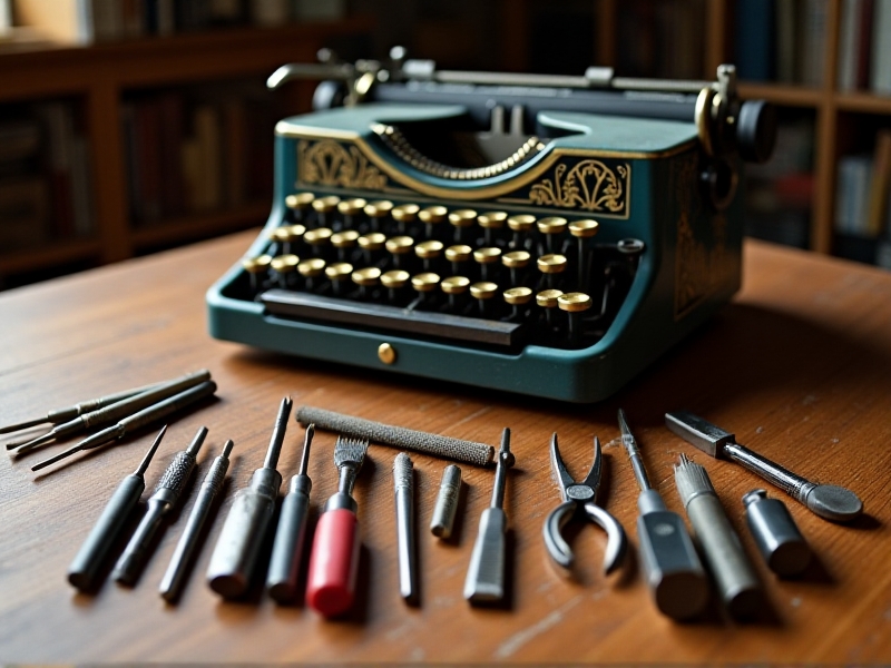 A close-up of various typewriter repair tools, including screwdrivers, pliers, and cleaning brushes, arranged neatly on a workbench with a vintage typewriter in the background.