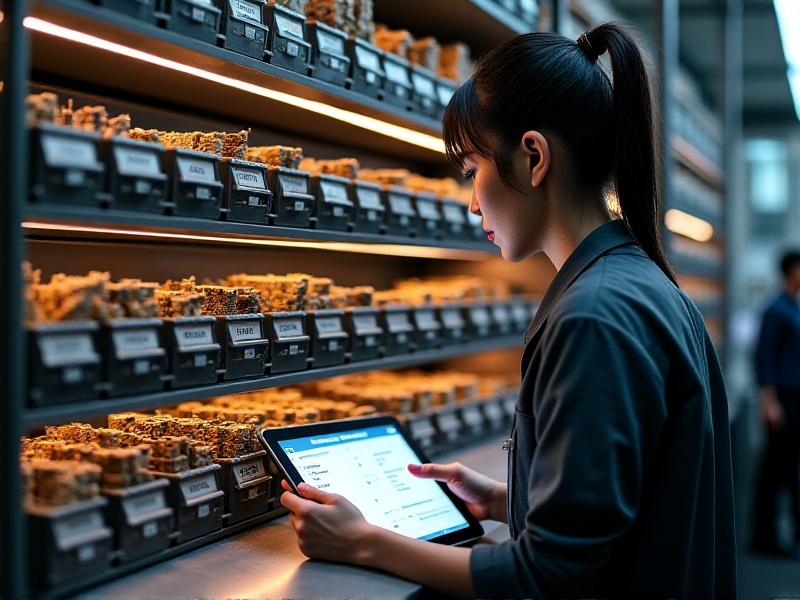 A neatly organized shelf inside a mobile repair van, filled with labeled bins containing various typewriter parts such as keys, ribbons, and springs. Each bin is clearly marked with a barcode and description. The workspace is illuminated by bright LED lights, and a technician is seen using a tablet to update the inventory database. The image highlights precision and attention to detail.