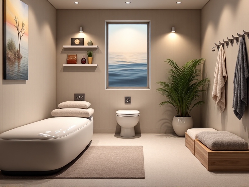 A modern office wellness room with a flotation tank, soft lighting, and minimalist decor, designed to create a peaceful retreat for employees to unwind and recharge during the workday.